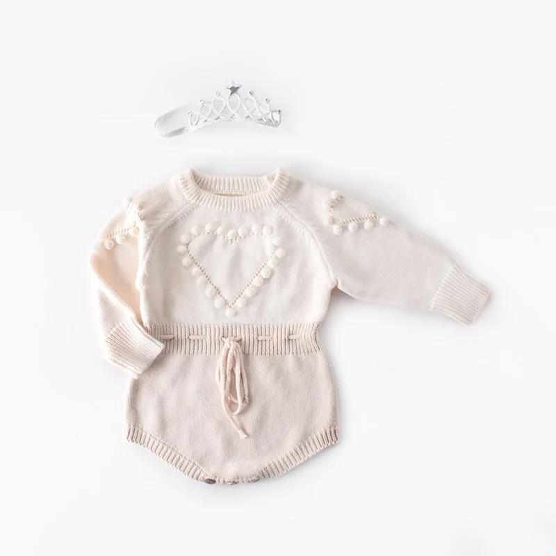 Winter Newborn Infant Kids Baby Girls Bodysuits Knitted Jumpsuit Toddler Hairball Heart Shape Sweater Bodysuits Warm Clothes