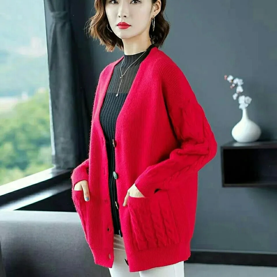 2024 Spring Autumn New Women Knitted Sweater Cardigan Coat Fashion V-neck Single-breasted Pocket Loose Sweaters Ladies Tops