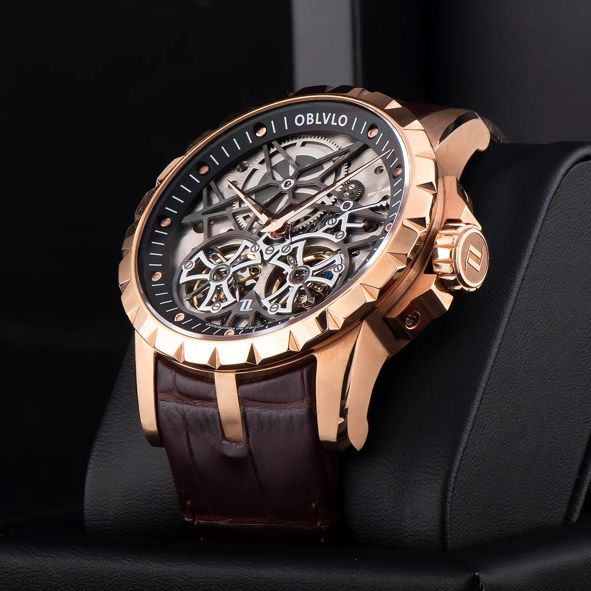 OBLVLO Luxury Mens Automatic Watches Rose Gold Skeleton Watch Brown Leather Strap Wterproof Watch Relogio Masculino RM-T