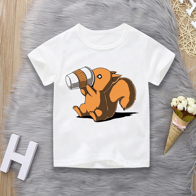 

Cute Cartoon Squirrel/Koala Love Coffee Kids Funny Animal Print T-Shirt Summer Boys Girls Clothes White T Shirt Children Tshirt