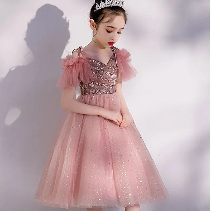 Flower Girls Dress Sequin Tutu Kids Pink Princess Dresses Children Ruffle Tulle Mid Length Party Gown Wedding Bridesmaid Fancy