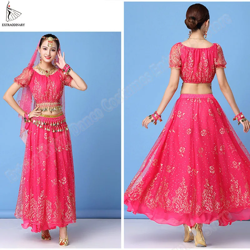 Bollywood Dress Costume Set Indian Sari Women Belly Dance Performance Clothes Chiffon Top+Belt+Skirt Outfit