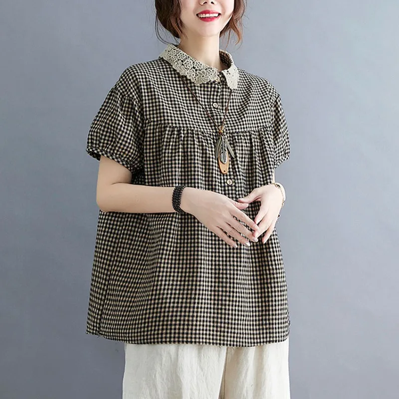 Women Cotton Linen Casual Shirts New 2021 Summer Vintage Style Peter Pan Collar Plaid Print Loose Female Tops S3791