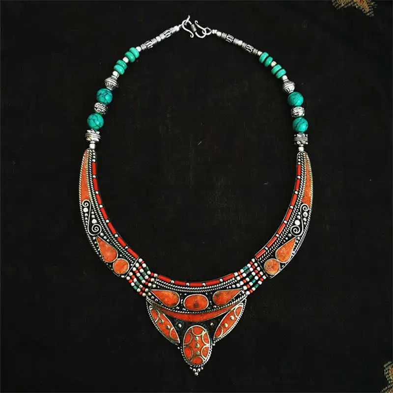 Indian BOHO Vintage Necklace Copper Inlaid Big Pendant Necklaces Tibetan jewelry TNL169