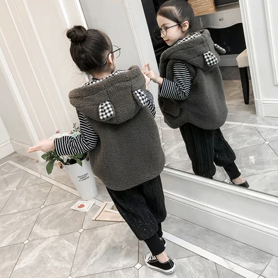 

Girls Winter Lamb Velvet Vest Coat Snowsuit Baby Kids Plaid Thickened Warm Waistcoat Children's Hooded Sleeveless Jacket P243