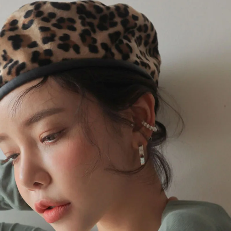 Leopard Beret Female Autumn Winter Hats For Women Vintage Painter Flat Cap Boina Feminina Fashion PU Leather Brim Beanie