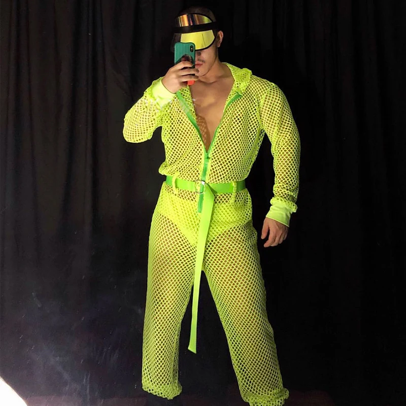 Ropa de baile en barra para hombre musculoso, mono de malla hueca de Color fluorescente, Bar, club nocturno, Ds, fiesta, escenario, disfraz de Gogo, ropa Rave XS1145
