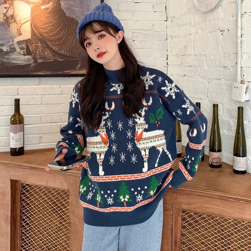 Christmas Mid-length Plus Oversized New Version Handmade Sweater 700g Women Christmas Deer Warm Knitted Long Sleeve Sweater Lazy