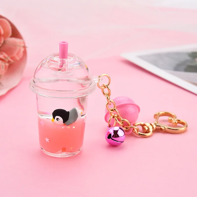 Acrylic Milk Bottle Keyring Milk Tea Cup Keychain Marine Animal Liquid Floating Key Chains Charm Bag Pendant Car Key Ring