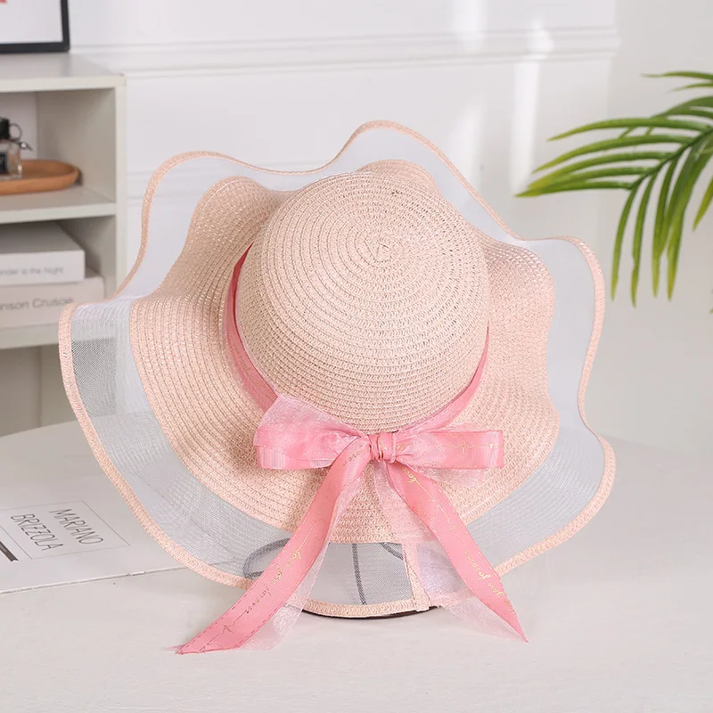 Sombrero plegable de paja con lazo para niña y mujer, sombrero de paja flexible con ala grande, elegante, protección contra la sombra, a la moda,