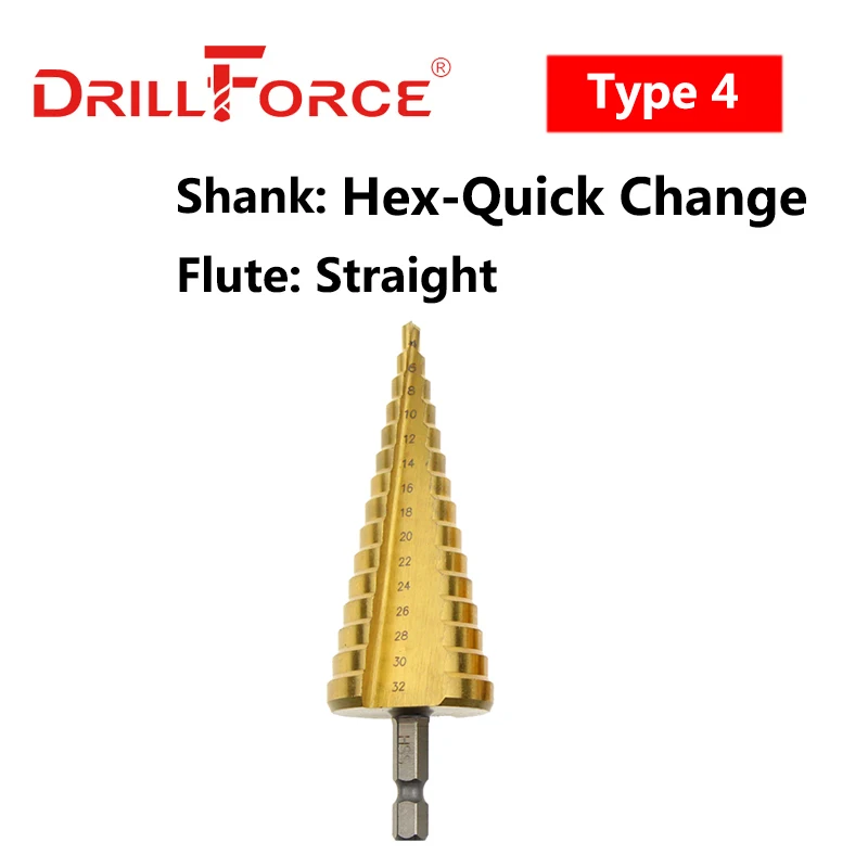Drillforce التيتانيوم خطوة لقمة ثقب HSS دوامة مستقيم مخدد مثلث عرافة تغيير سريع عرقوب المعادن النجارة ثقب القاطع