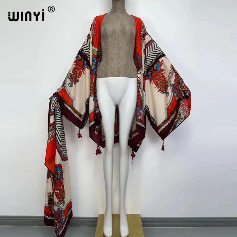 WINYI 2021 ameryka wiosna kobiety Cardigan stitch szata koktajl sexy Boho Maxi afryki wakacje rękaw w kształcie skrzydła nietoperza jedwabny szlafrok