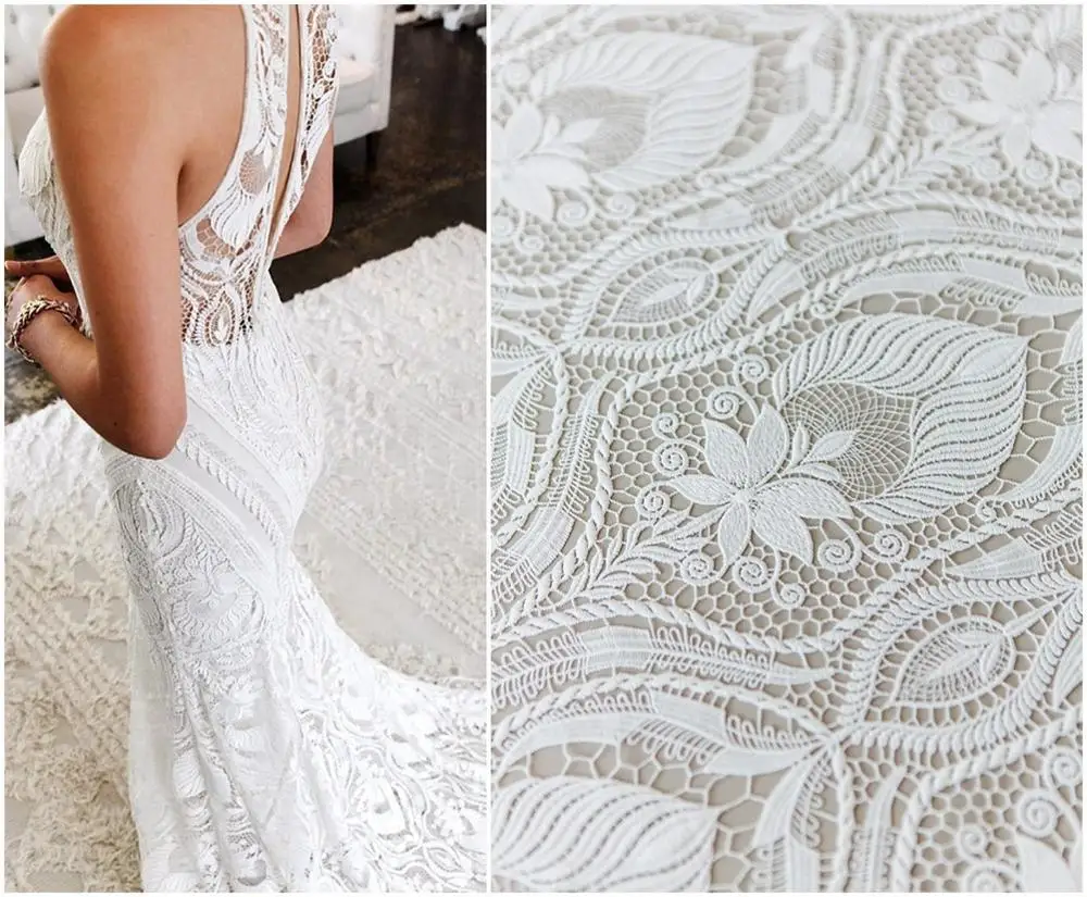 Guipure boho bridal lace, Boho wedding dress fabrics, Crochet lace fabric, bridal embroidered lace fabric, wedding dress lace