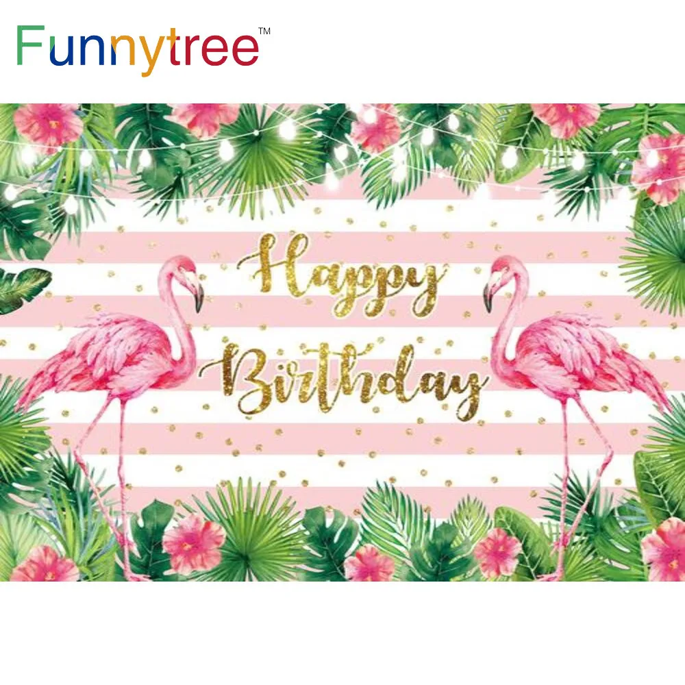 Funnytree Happy Birthday Theme ฉากหลังดอกไม้ Flamingo Gold Dot ใบโคมไฟขนาดเล็กอุปกรณ์ Custom โปสเตอร์พื้นหลัง
