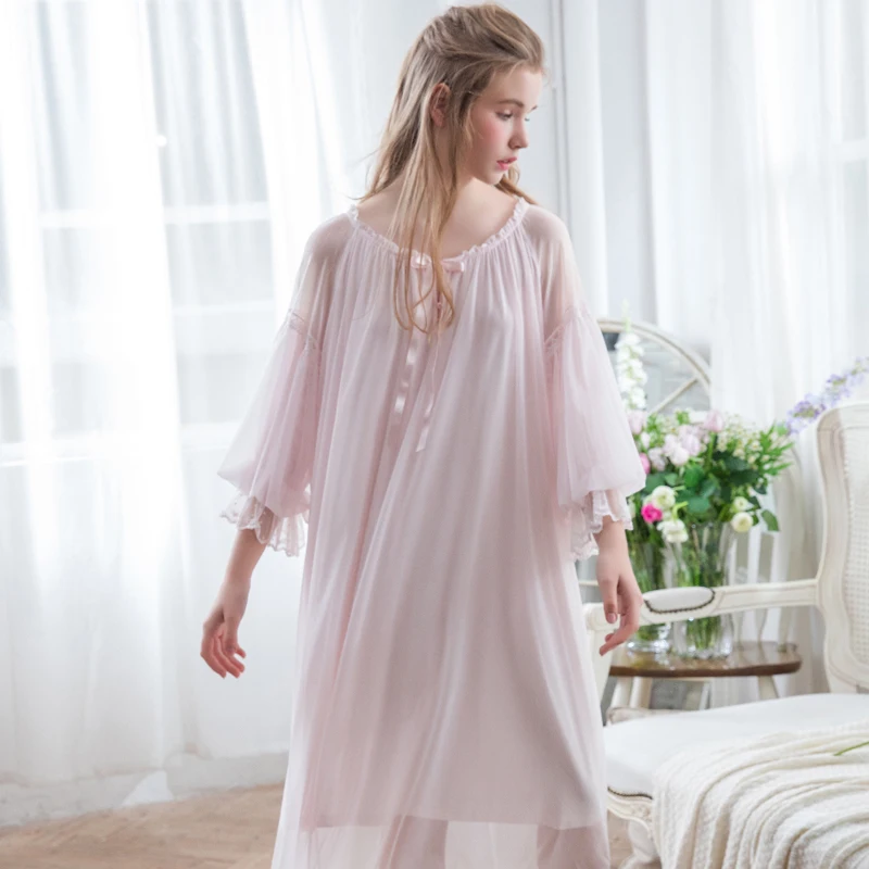 Hanxiuju Vintage Long Nightgowns For Lady Three Quarter Sleeve Royal Princess Gauze Modal Loose Nightdress Sleepwear