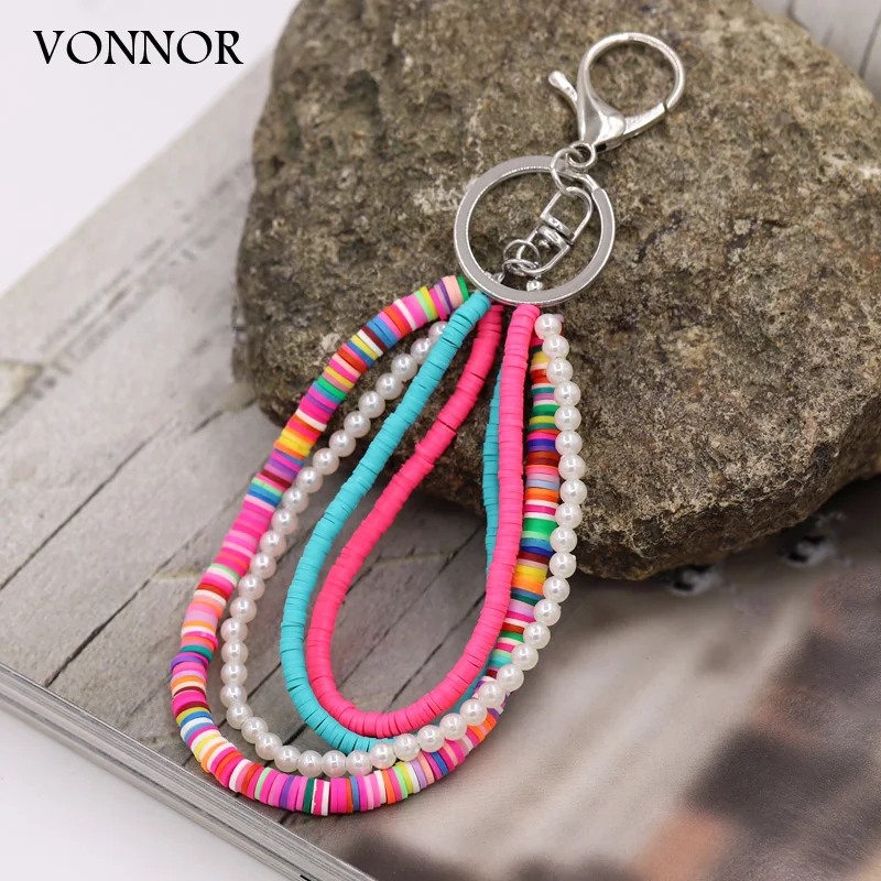 Bohemian Handmade Jewelry Key Chain Multilayer Polymer Clay Pearl Accessories Keychains for Women Bag Car Keyring Pendant