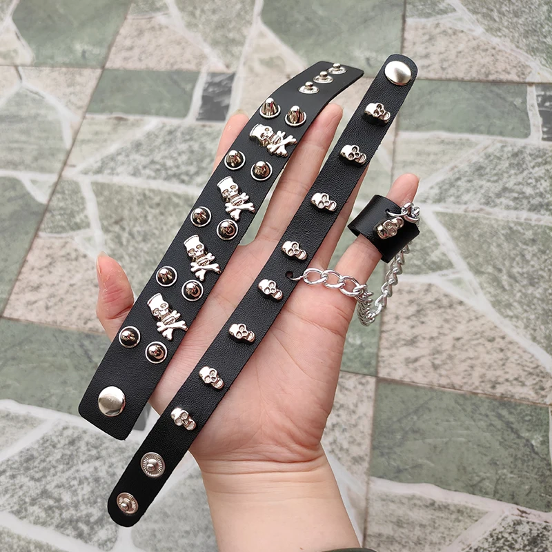 2Pcs/Set Black PU Leather Wristband Cuff goth Skull bar punk bracelets men keleton Chain Bangle cosplay can be adjusted jewelry