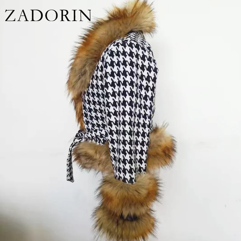 ZADORIN Trend Fashion Autumn Winter Short Plaid Wool Patchwork Faux Racoon Fur Coat Women Luxury Big Fur Collar Faux Fur Jacket