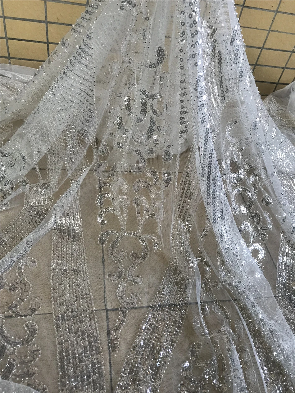 

New Design African Mesh Lace Fabric L-1088685 High Quality Sequins and beads Nigerian Tulle Lace Fabrics For Party Women