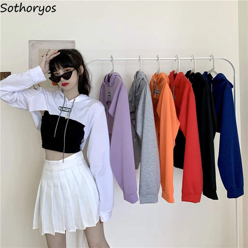 

Women With Hat Hoodies Patches Crop Tops Hipsters Fashionable Loose Casual Teen All-match Designed Irregular Hip-hop High Street