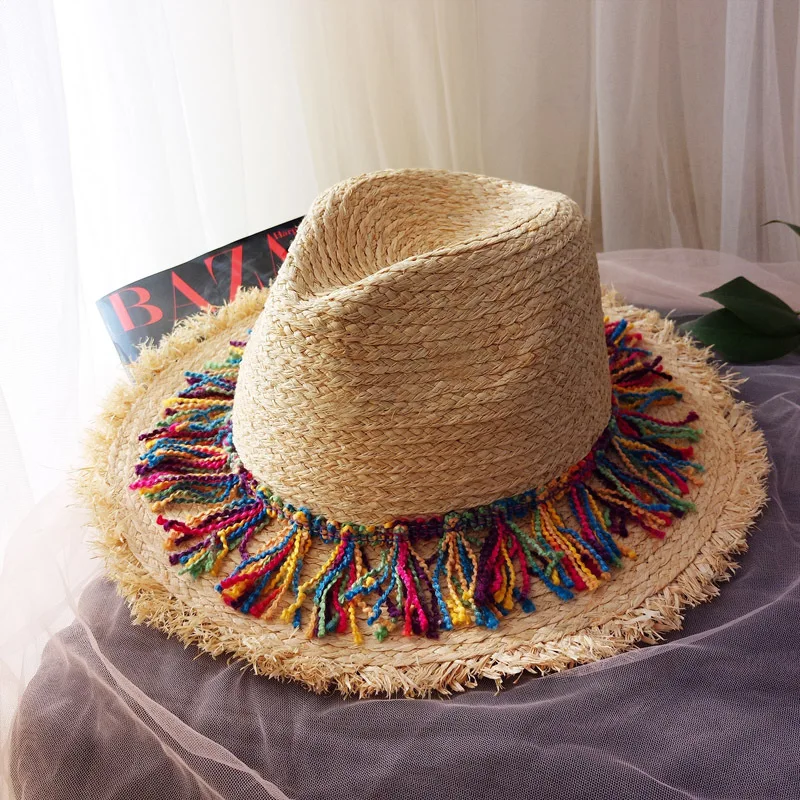 New Wide Brim Raw Edge Raffia Straw Hat Tassel Beach Summer Sun Hat Big Straw Hat Sun Hat Straw Hat Outdoor Beach Summer Hat