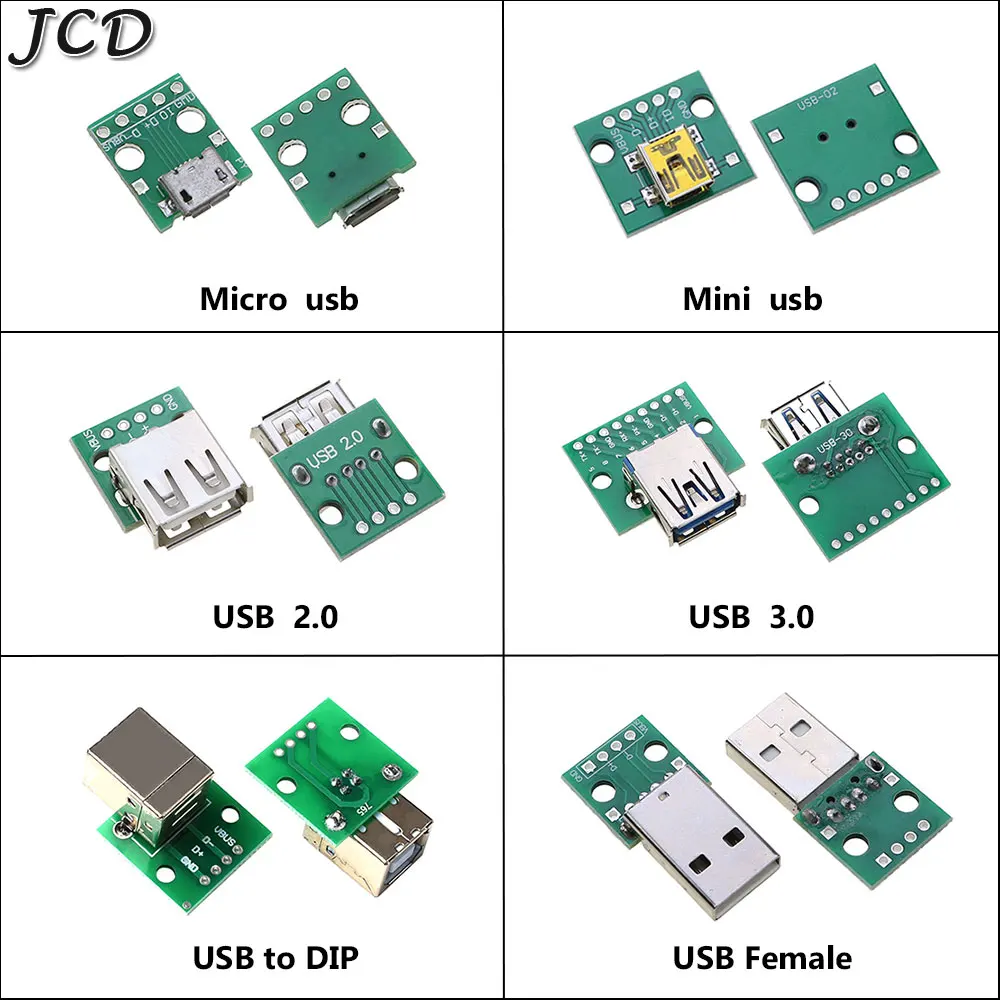 

JCD Mini Micro USB USB A Male USB 2.0 3.0 A Female USB B Connector Interface to 2.54mm DIP PCB Converter Adapter Breakout Board