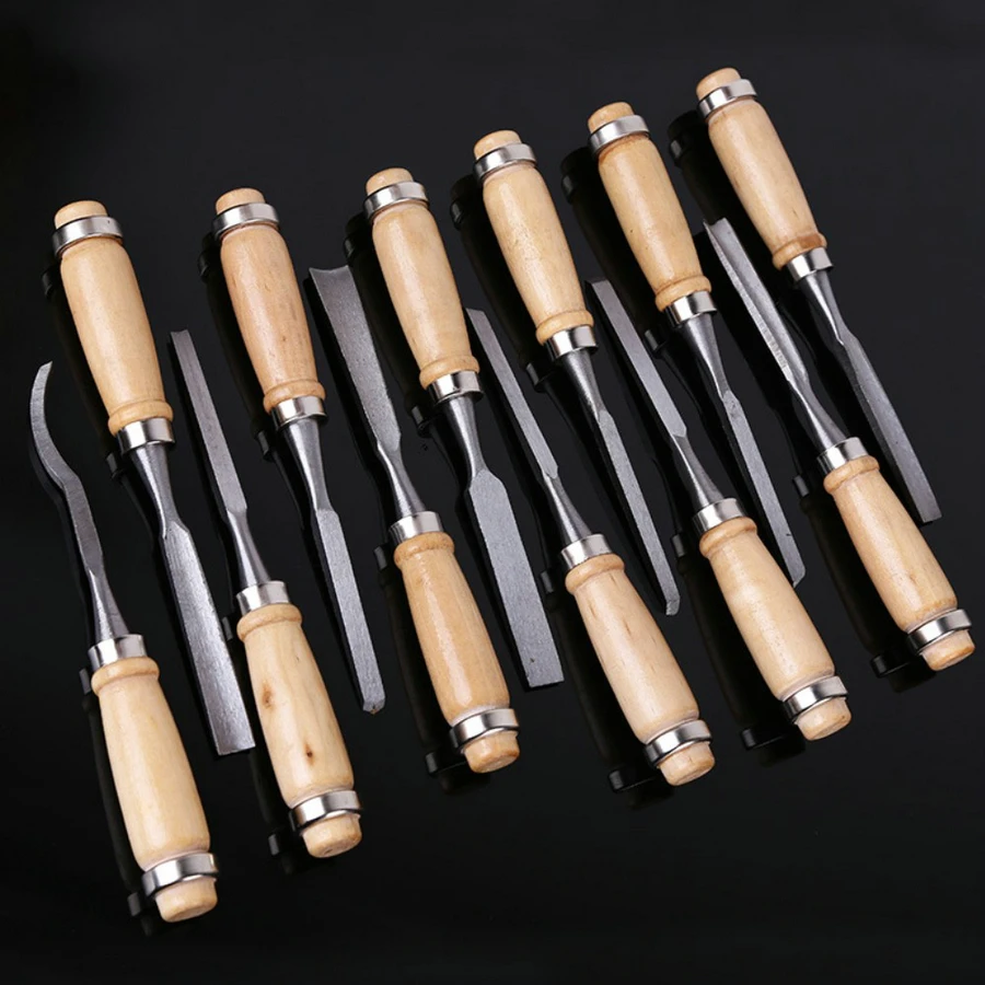 12 Pieces Woodworking DIY Carving Chisel Handle Tools Set Wooden Professional