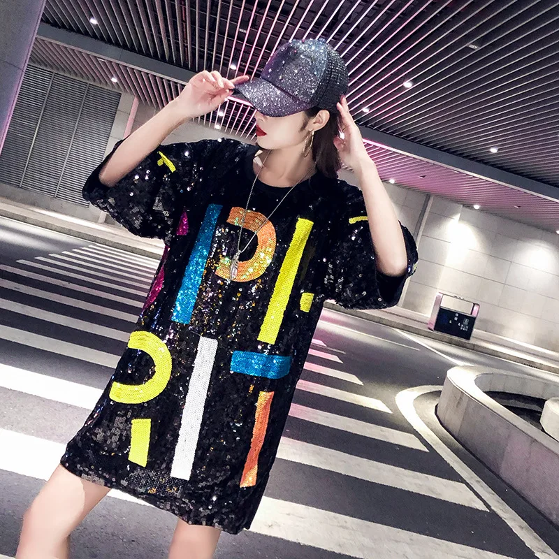 

Summer New Women T-shirt Harajuku Loose Round Neck Mid-Length Fashion Casual Letter Streetwear Sequins Short-Sleeved Female Tops