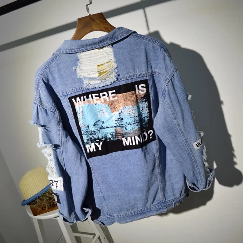 Where Is My Mind Korea Kpop Frayed Letter Patch Bomber Jeans Jacket Women Ripped Denim Coat Female Streetwear Harajuku