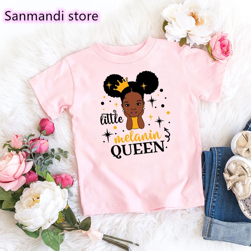 Little Melanin Queen Graphic Print Pink Tshirt Kids Clothes Harajuku Kawaii Children Clothes Pink Solid T Shirt Girls