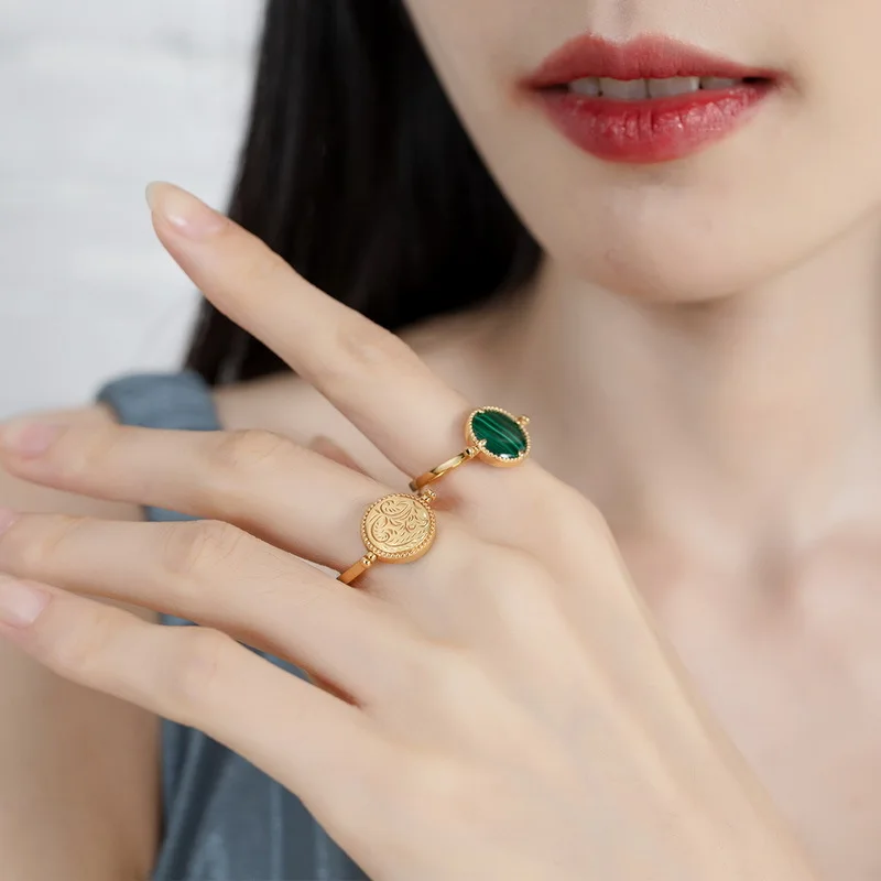 Anomokay New Round Green Malachite Gold Color Rings Two Sides Different Free Size 925 Silver Rings for Women Jewelry Gift