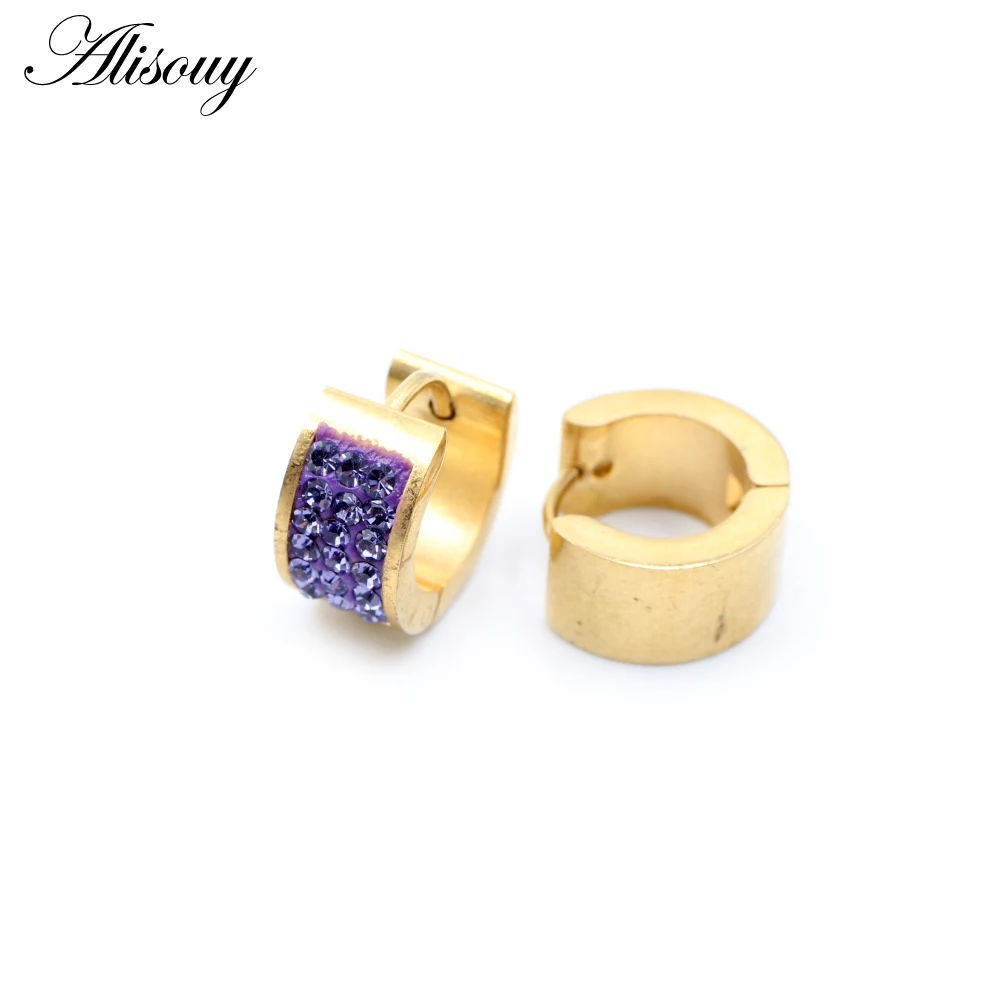 Alisouy 2pcs Stainless Steel Gold Color Crystal Zircon CZ Huggies Ear Earring Women Men Circle Hoop Earrings Piercing Jewelry