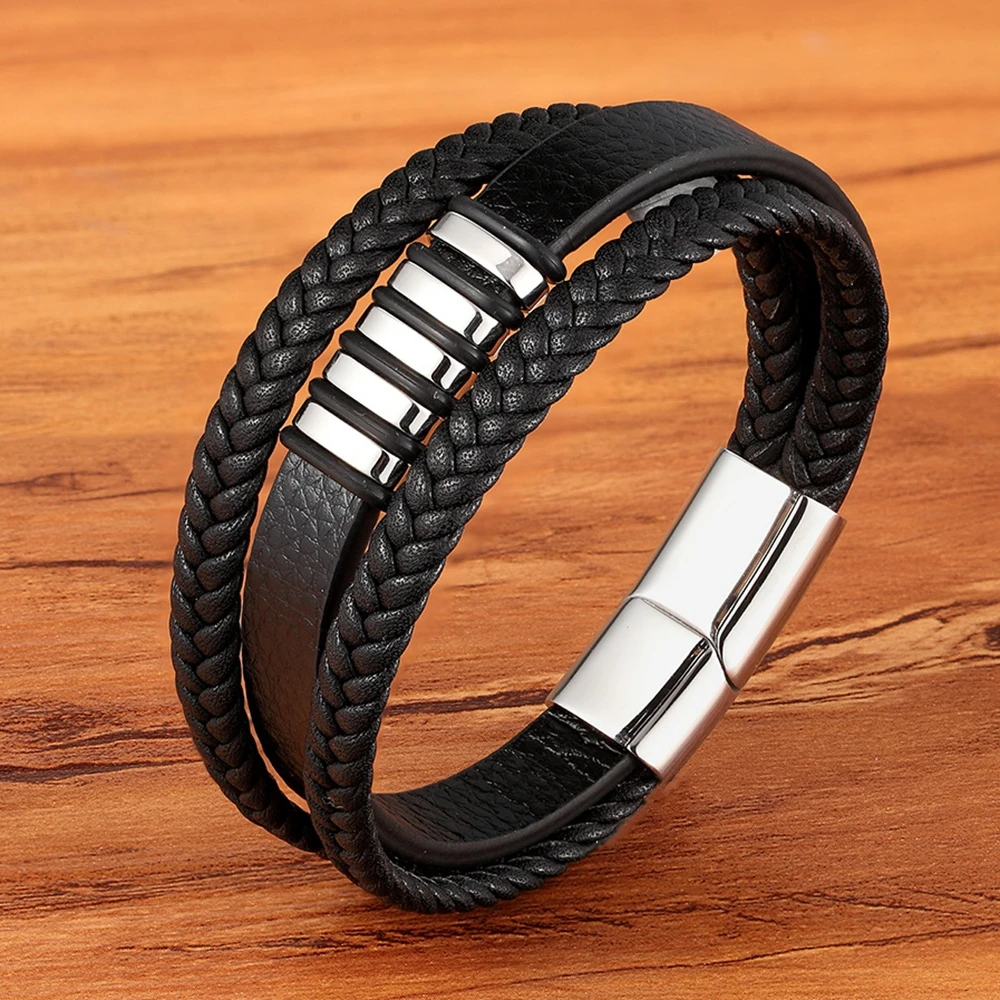 XQNI Multi-layer 4 color Selection Hand-woven Accessories Combination Men Stainless Steel Leather Bracelet Valentine\'s Day Gift