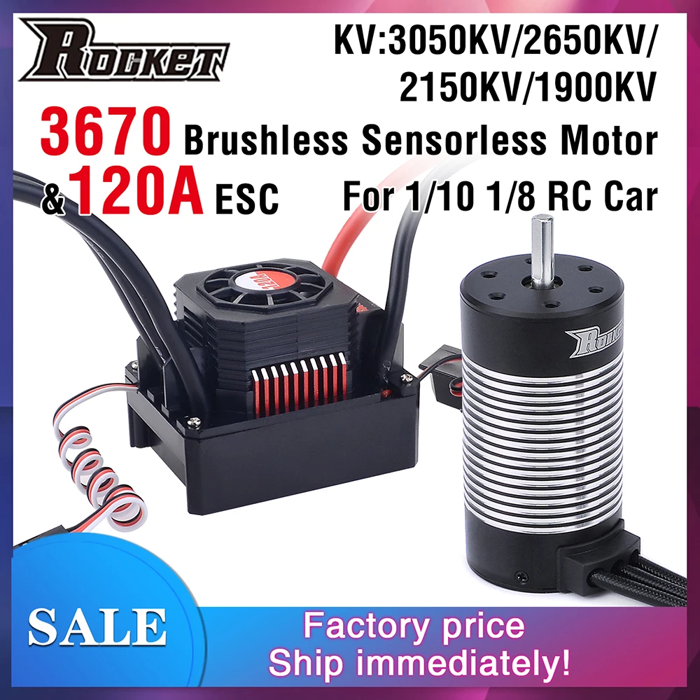 

Rocket 3670 Waterproof Brushless Sensorless Motor 3050KV 2650KV 2150KV 1900KV w/120A ESC for 1/8 1/10 RC Car