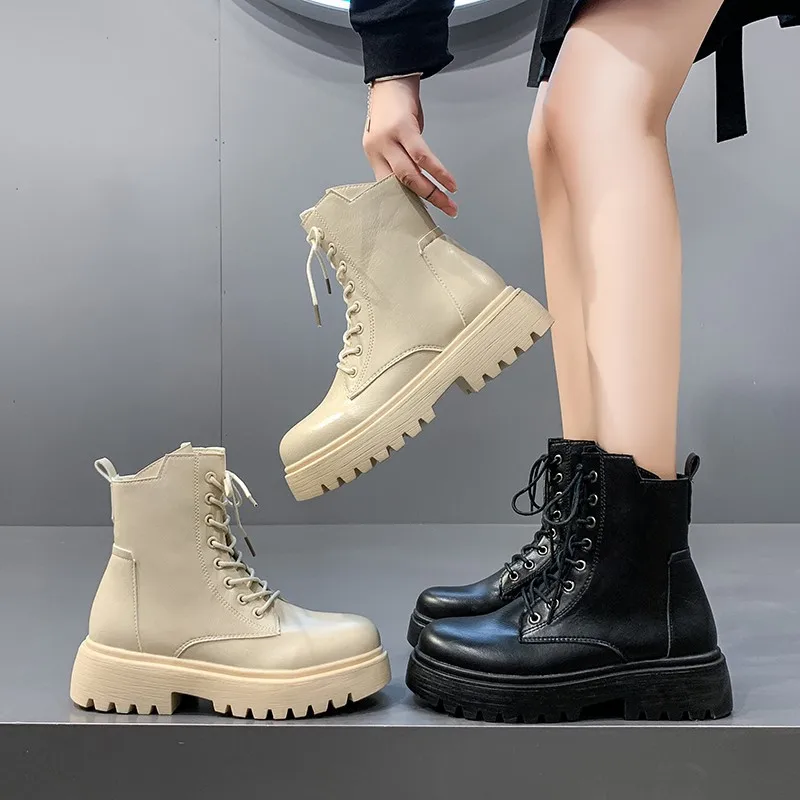 Brand Design Gothic Boots Square Heel Lace-Up Platform Women Ankle Boots Woman Shoes Minimalist Lace-up Front  Bootski8