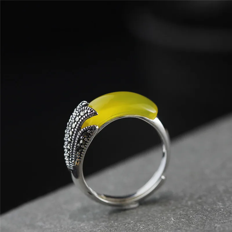 

Uglyless Shinning Blue Sand Stones Women Vintage Dress Rings Real 925 Silver Yellow Chalcedony Open Ring Marcasite Retro Jewelry