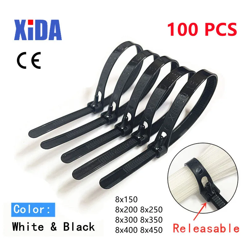 Releasable Nylon Cable Ties May Loose Slipknot Tie Reusable Packaging Plastic Zip Tie Wrap Strap 8*150/200/250/300/350/400/450