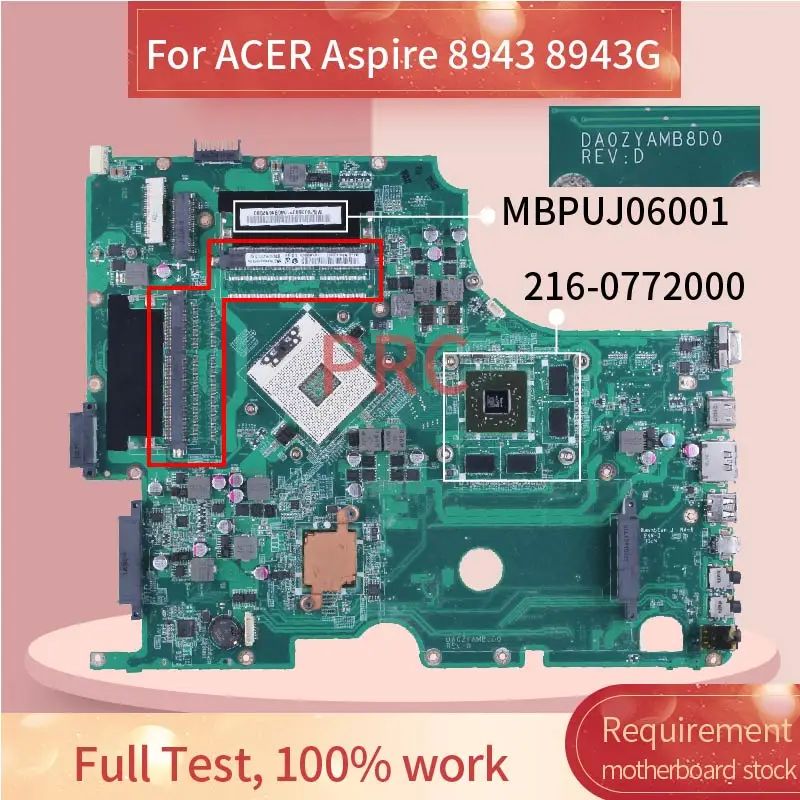 For ACER Aspire 8943 8943G HD5650 Laptop Motherboard MBPUJ06001 DA0ZYAMB8D0 216-0772000 DDR3 Notebook Mainboard