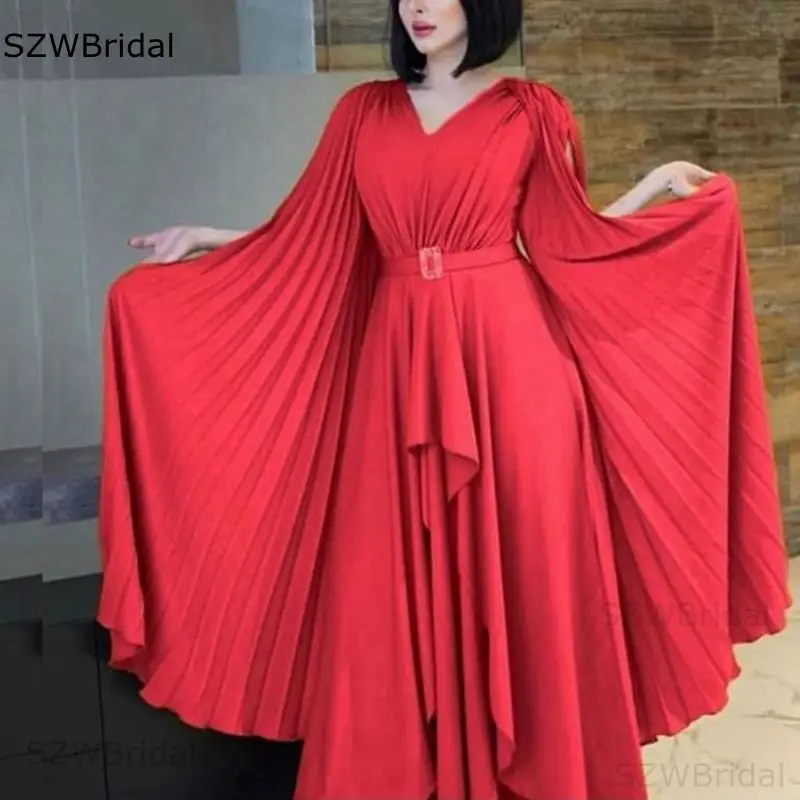 

New Arrival V Neck Red Muslim evening dress 2024 Spandex Vestidos de fiesta Dubai Arabia evening gowns for women