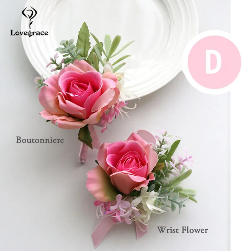 Lovegrace แต่งงาน Corsages และ Boutonnieres ดอกไม้ผ้าไหมกุหลาบน้องสาวสีชมพูเข็มกลัด Corsage Pins แต่งงานอุปกรณ์เสริมสร้อยข้อมือ