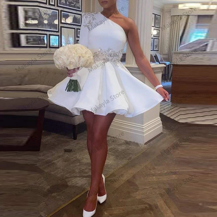 Simple Short White Prom Party Dresses One Shoulder Long Sleeves Crystals Beaded Mini Length Women Evening Cocktail Gowns