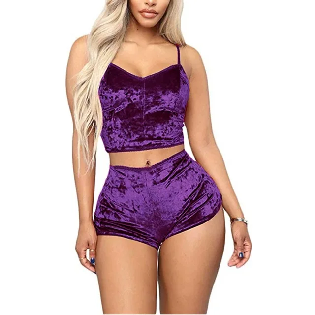 Women 2 piece set Velvet Sleepwear Sexy Spaghetti Strap Shorts Pajama Set Ladies Sleepwear Female Pajama Party Two Piece Set hot