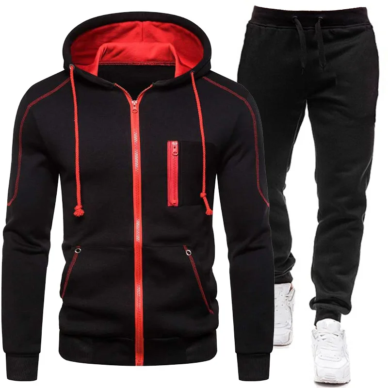 Men\'s Tracksuit Sports Suit 2021 Spring and Autumn Leisure Suit Sports Sweater Zipper Stitching Hooded Two-piece Set Large Size