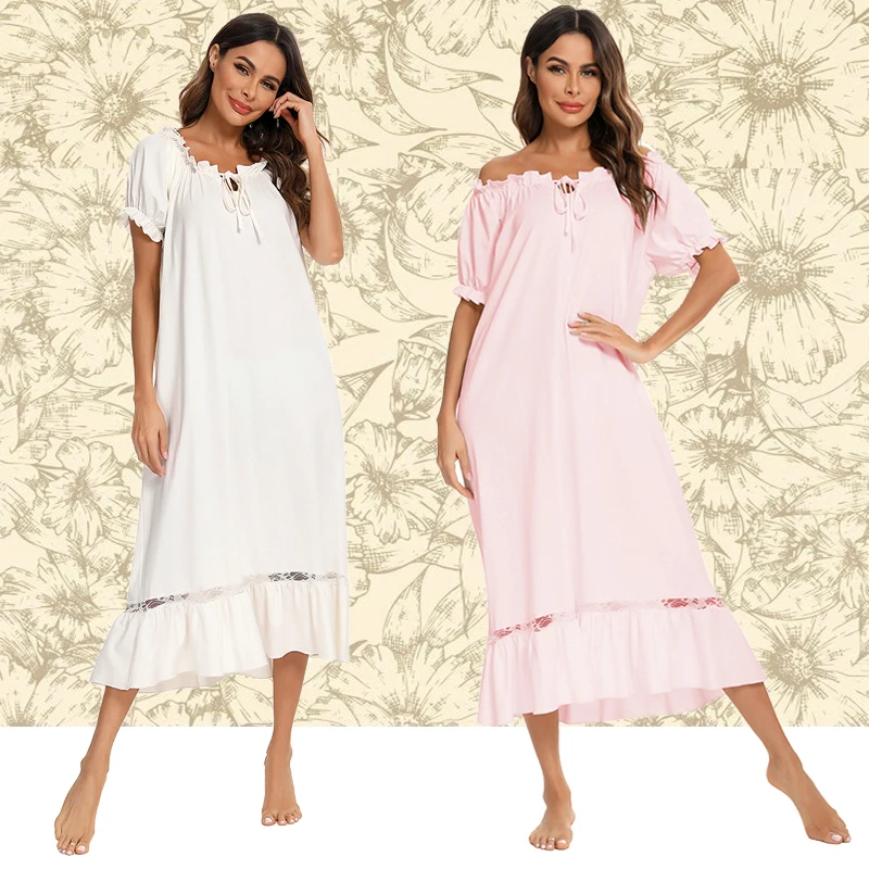 Sleepwear Nighty Woman Autumn Nightgown White Pink Nightdress Leisure Fashion Long Vintage Home Dress Ladies Nightwear Boat Neck