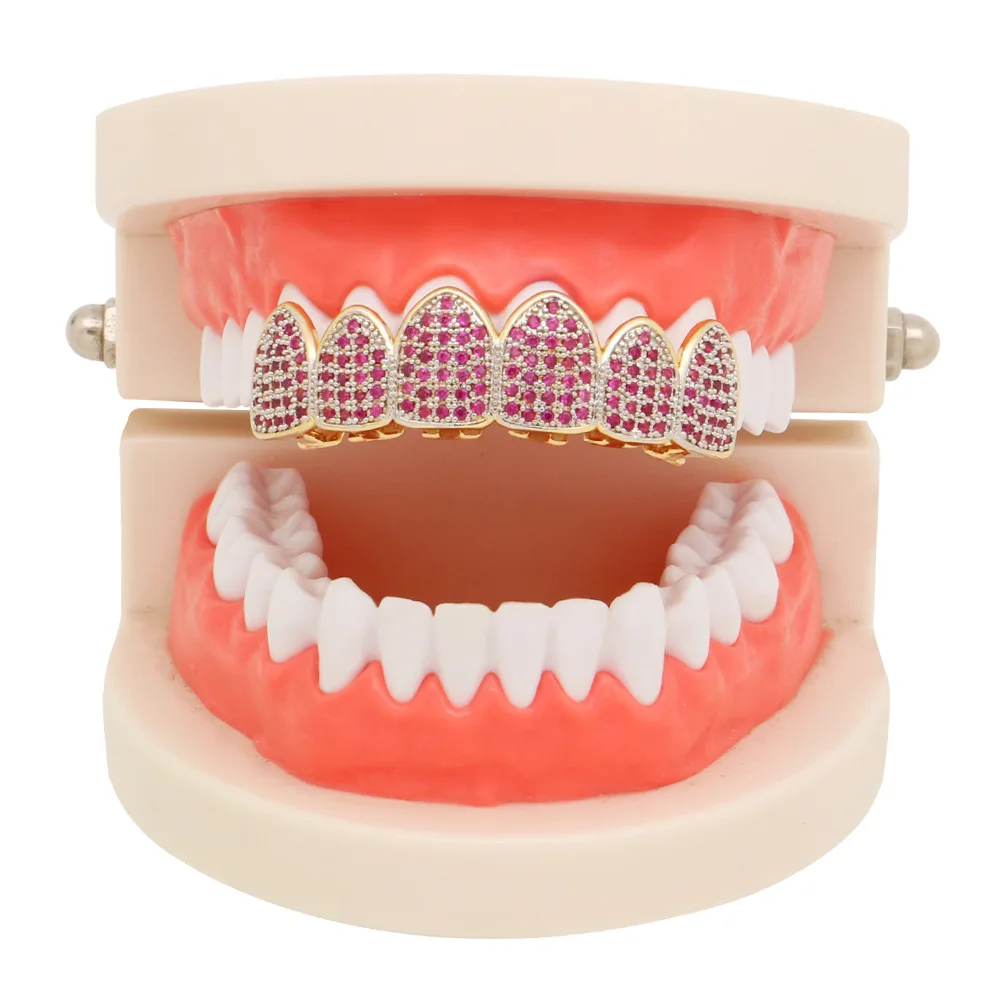 

Teeth Hip-Hop Braces Electroplated Gold Micro Inlaid Pink Zircon Top & Bottom Grills Pink Diamond Vampire Fangs Accessories