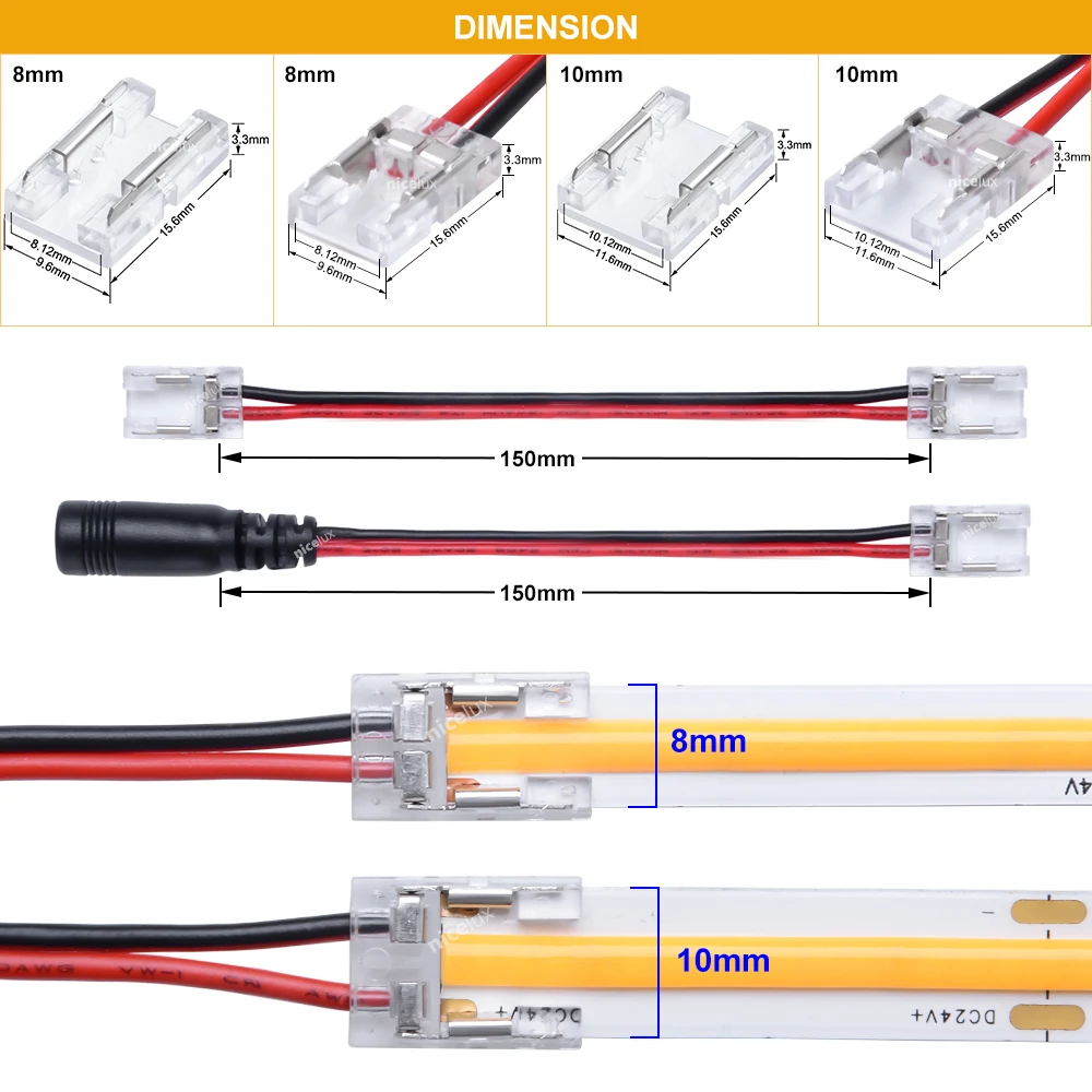 SMD COB LED Strip Quick Easy Connecting Kit for 8mm 10mm 2pin IP20 Flexible High Density 3 Type connectors Jumper Wire connector