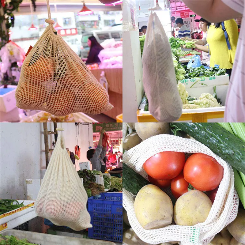 Reusable Cotton Mesh Produce Bags for Vegetable Fruit Food Kitchen Washable Grid Storage Bag Eco String bag Kitchen Organizer