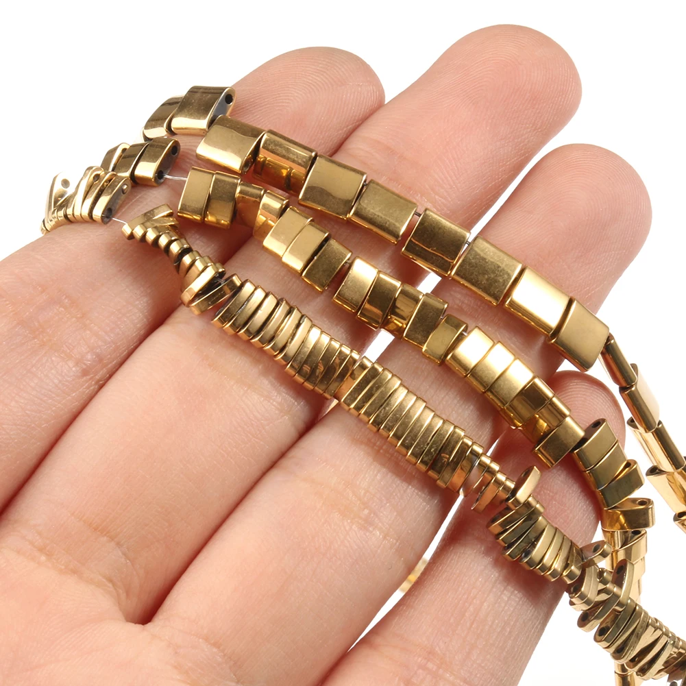 AAA+ Color Retention Gold-Plated Hematite Beads Natural Stone Round Cube Spacer Loose Beads for jewelry Making DIY Bracelet 15\'\'
