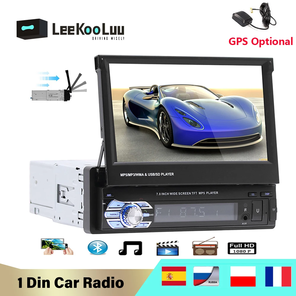 

LeeKooLuu Car Radio Retractable 7" Touch Screen Autoradio 1 Din Car Multimedia MP5 Video Player USB SD Mirrorlink GPS Optional