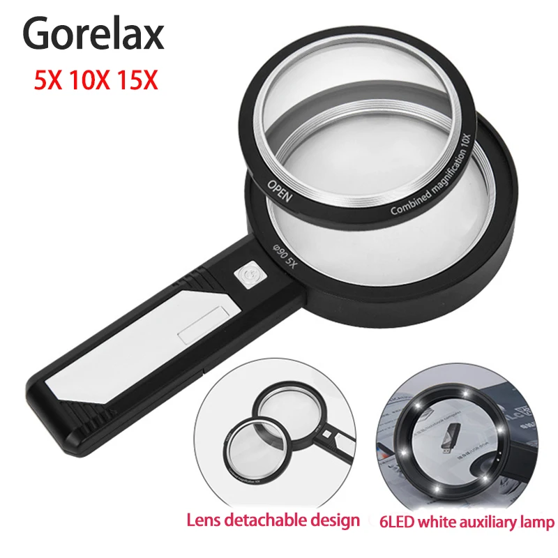 Handheld Magnifying Glass With 8 Led Lights, 5X 10X 15X Lupa Magnifier with Optical Lens, Magnifier Loupe for Reading Seniors